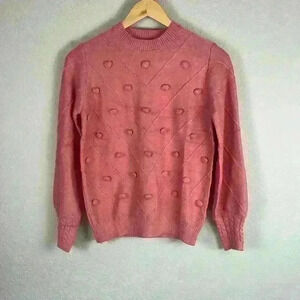 Simplee Pink Pompom Crewneck Pullover Cable Knit Cuff Sweater Women's Size Small